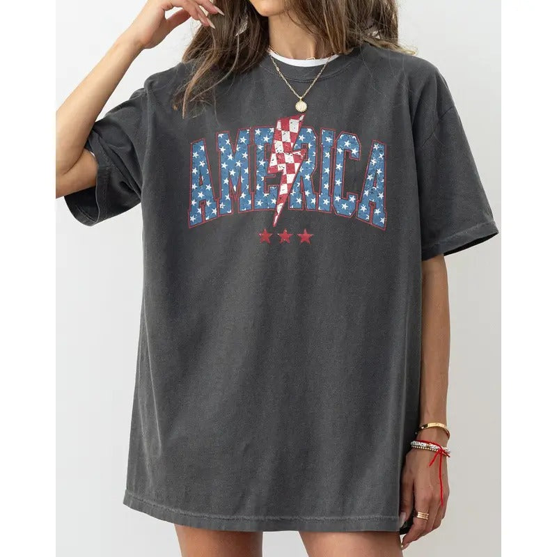 America, Retro, Lightening Bolt, USA, Patriotic, Independence Day, Fourth Of July, 4th Of July Tshirt, Women's, Comfort...