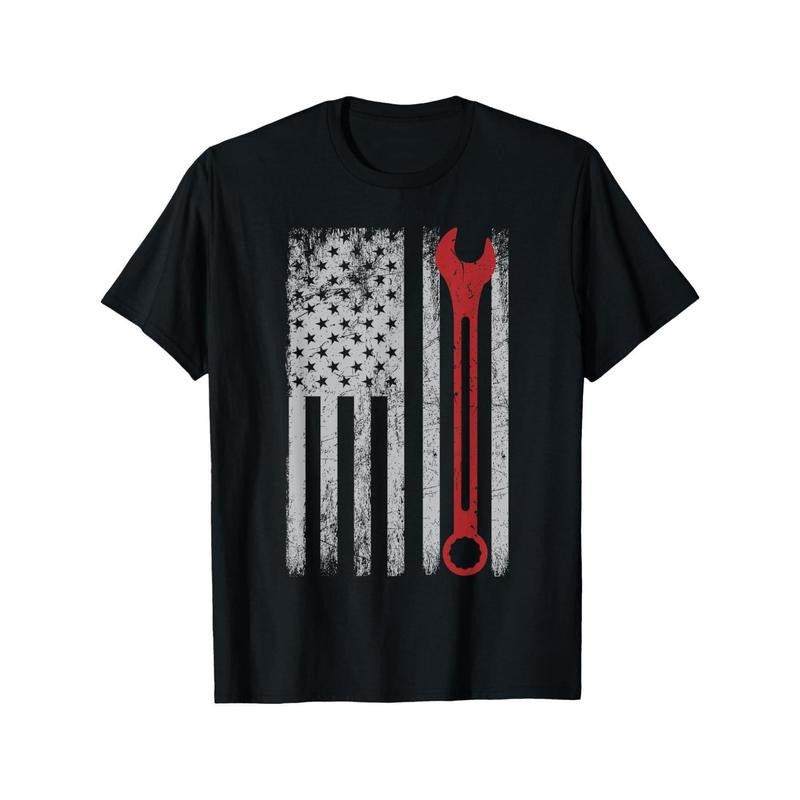 American Flag & Mechanic Tools Graphic Tee - 100% Cotton, Breathable Casual T-Shirt for Men, Perfect for Casual Attire...