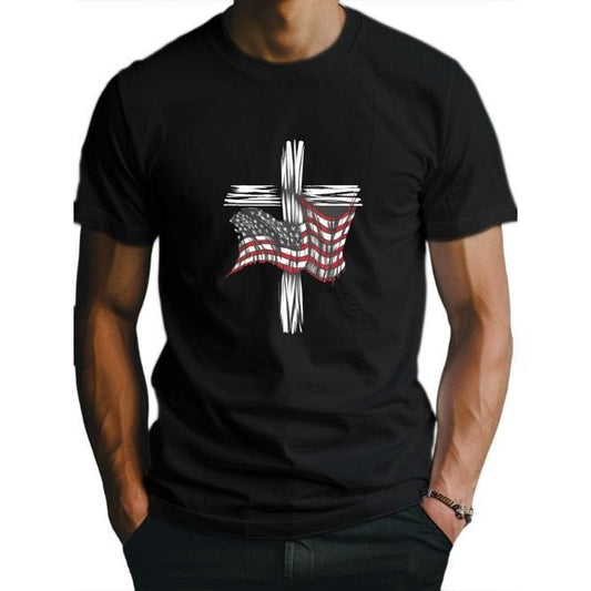 American Flag And Cross Print Tee Shirt, Tees For Men, Casual Short Sleeve T-shirt For Summer Made in USA Hoodie, Sweatshirt