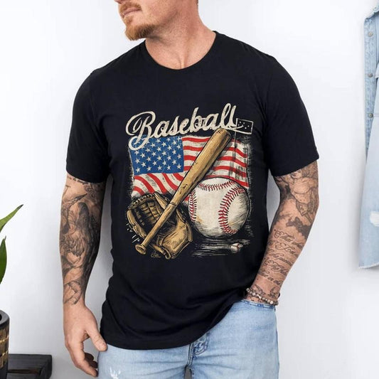 American Flag Baseball Player Bat Fan Catcher Pitcher USA T-Shirt | 100% Cotton Tee, Top Menswear Hoodie, Sweatshirt