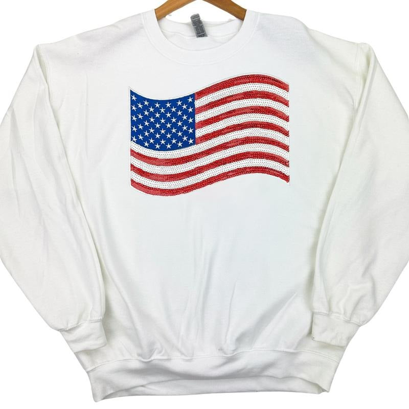 American Flag Sequin Patch Sweatshirt -- WHITE T-Shirts, Hoodie | WearSparks.com