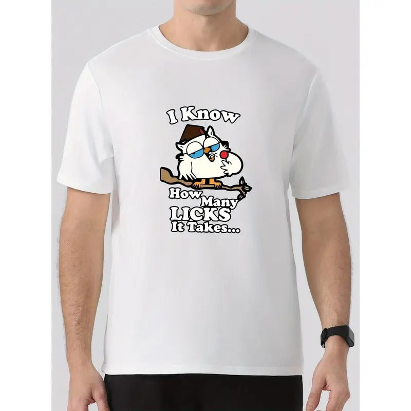 An Owl I KNOW HOW MANY LICKS Pattern Printed Men's Front Shoulder Fit T-Shirt, Comfortable Casual Fashion T-shirt & Top...