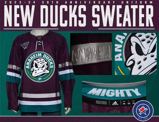 Anaheim Ducks mighty-uniform-2023-2024-purple-teal-eggplant-retro-mighty-ducks-anniversary-30th-draft-sportslogosnet-fea