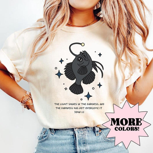 Angler Fish Shirt, Christian Shirt, Cute Anglerfish Shirt, Marine Life Shirt, Light Shines in Darkness Bible Verse Shirt,...