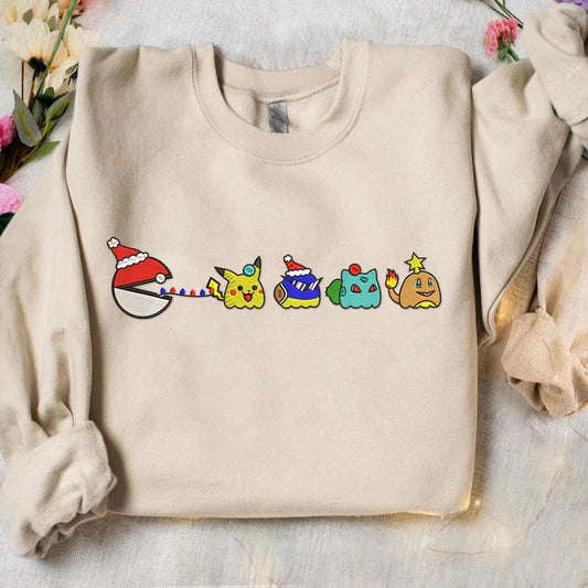 Anime Character Christmas Embroidered Sweatshirt, Anime Sweatshirt, Anime Embroidered Crewneck, Embroidered Crewneck...