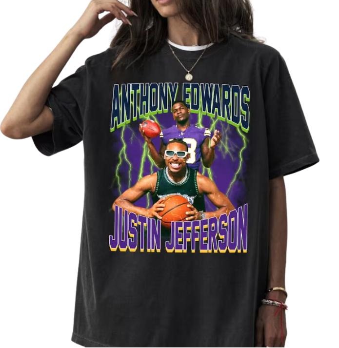 Anthony Edwards & Justin Jefferson Vintage 90s Graphic Shirt, Sweatshit #Minnesottaa Sports Retro Shirt, Football Retro...