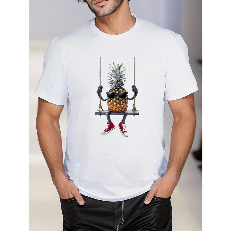 Anthropomorphic Pineapple On Swing Print, Men's Niche Crew Neck Tees, Casual Comfy T-shirts For Men, Clothing Tops For...