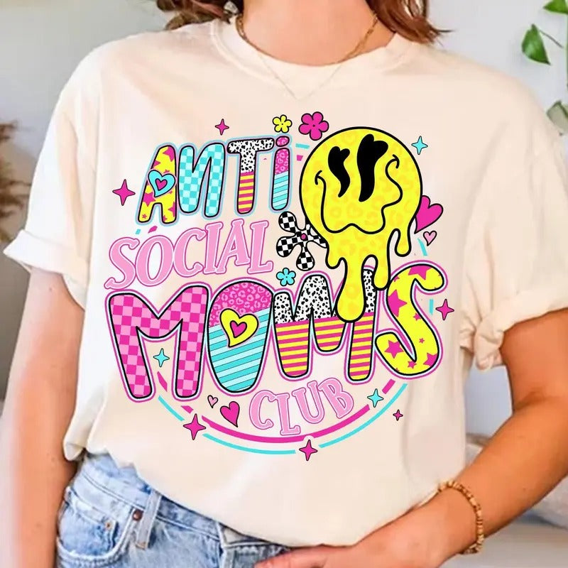 Anti Social Moms Club Shirt, Funny Mother Quote Tee, Retro Checkered Mama Coquette Bow T-Shirt, Sarcastic Mom, Mother's...