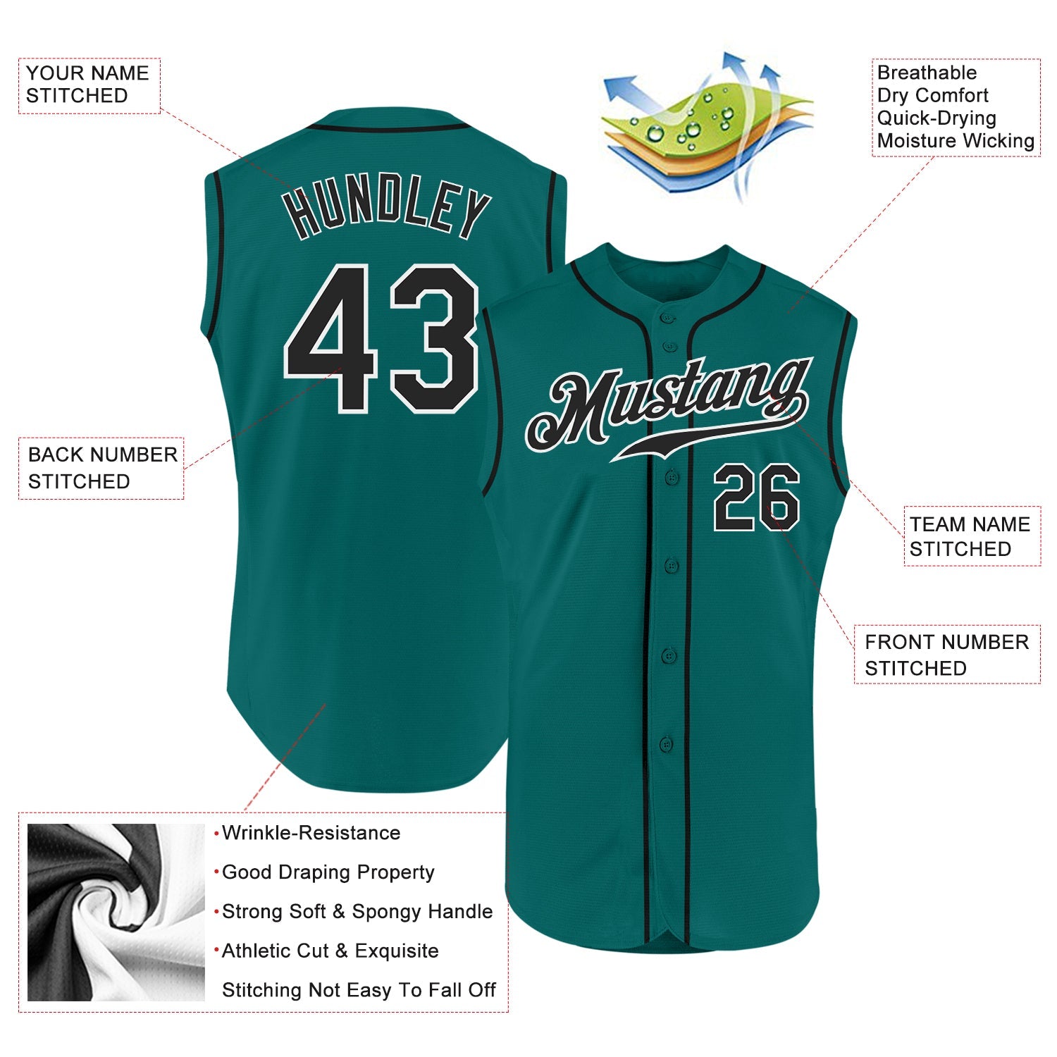 Custom Aqua Black-White Authentic Sleeveless Baseball Jersey T-Shirts, Hoodie, Sweatshirt | WearSparks.com (Image 2)