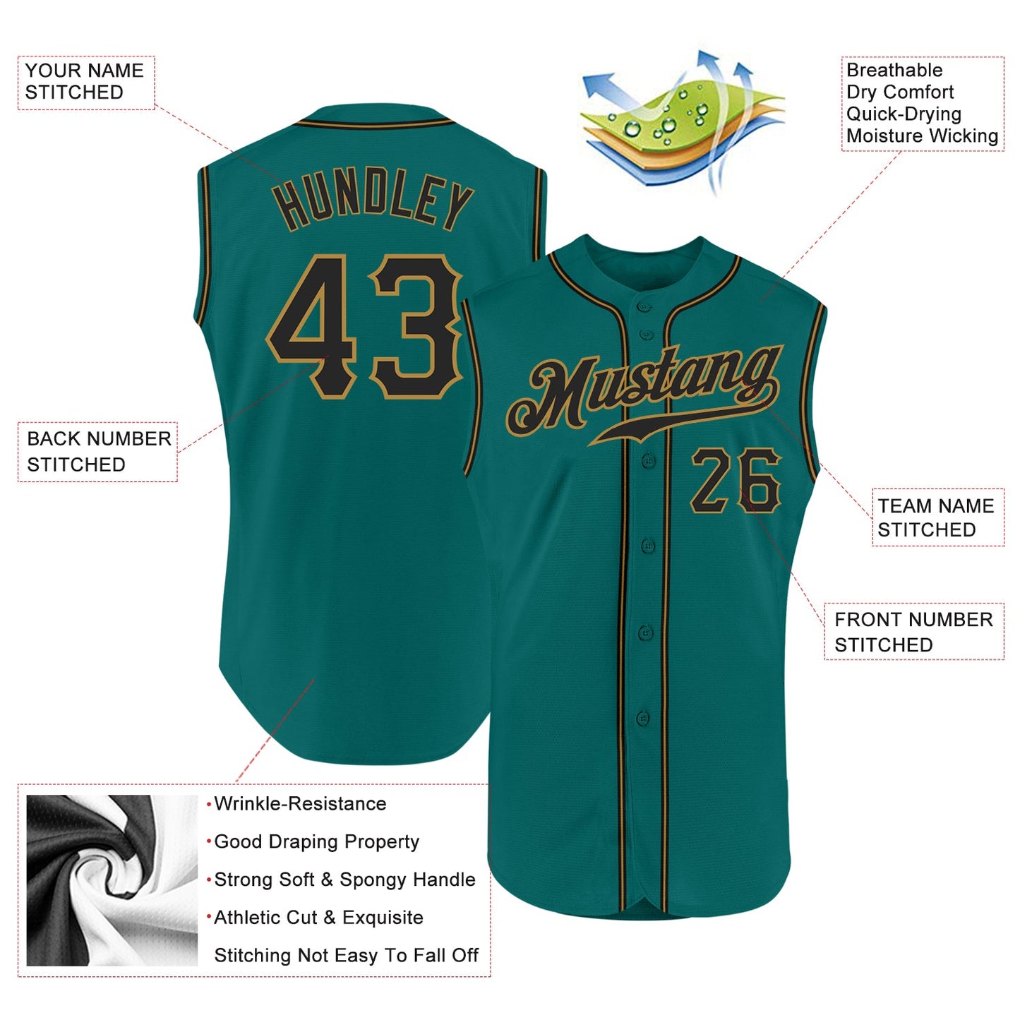 Custom Aqua Black-Old Gold Authentic Sleeveless Baseball Jersey T-Shirts, Hoodie, Sweatshirt | WearSparks.com (Image 2)