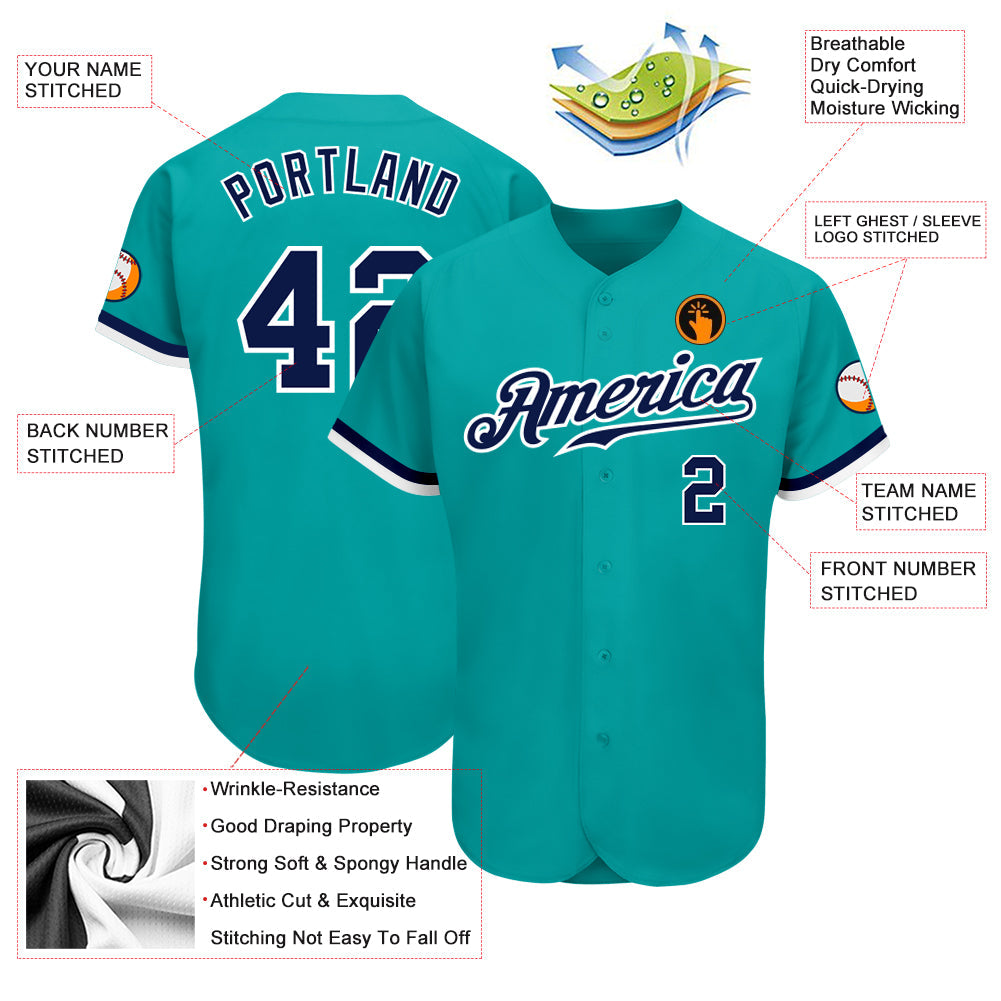 Custom Aqua Navy-White Authentic Baseball Jersey T-Shirts, Hoodie, Sweatshirt | WearSparks.com (Image 3)