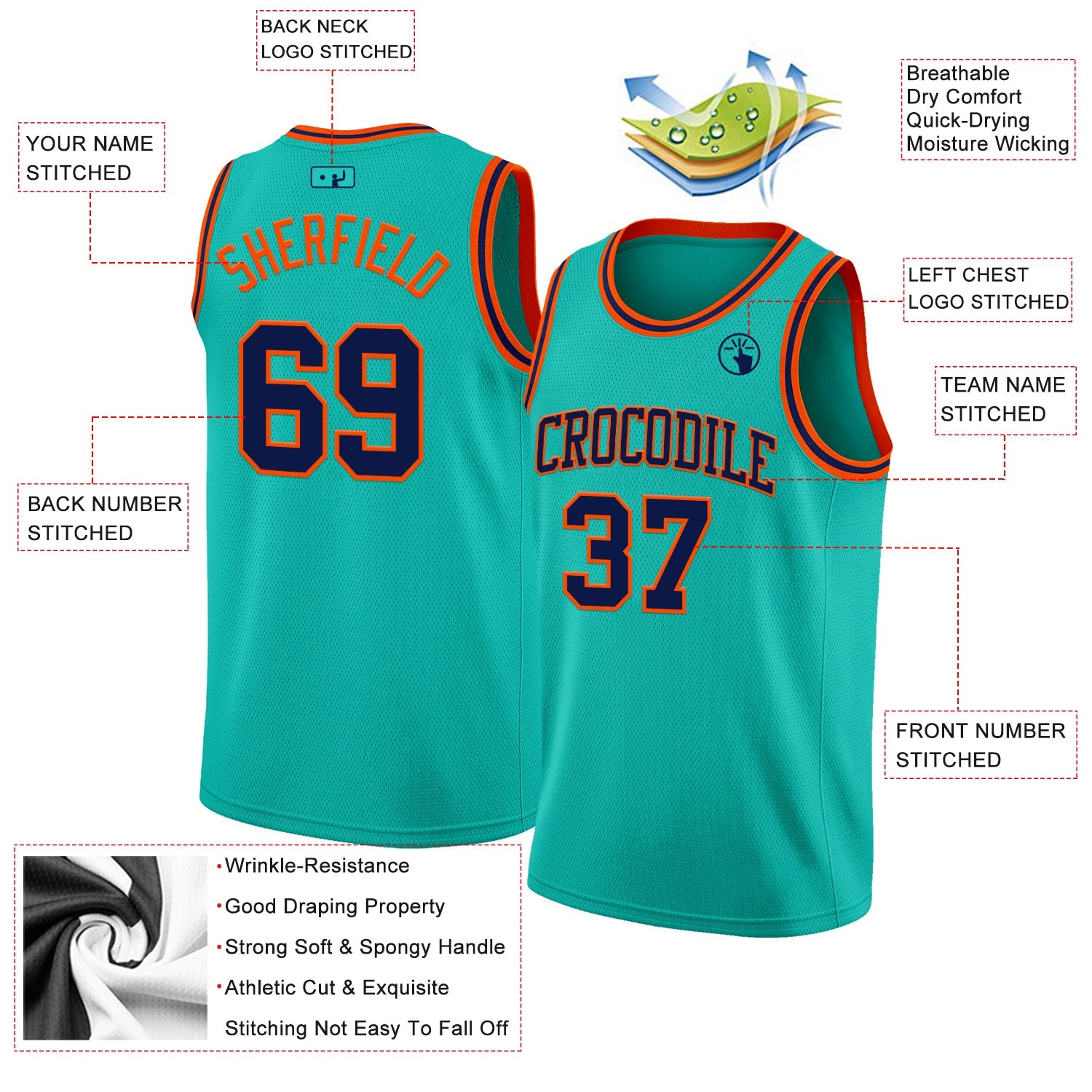 Custom Aqua Navy-Orange Authentic Basketball Jersey T-Shirts, Hoodie, Sweatshirt | WearSparks.com (Image 2)