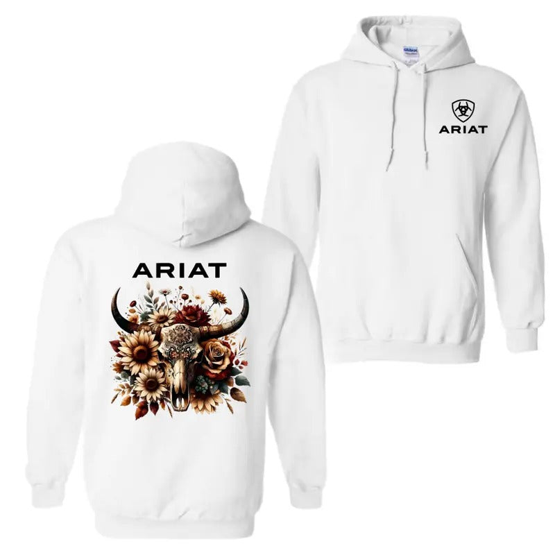 Ariat Floral Bull Skull Hoodie Sweatshirt T-Shirt, Iconic Ariat Logo On Front With Detailed Bull Skull Adorned With...