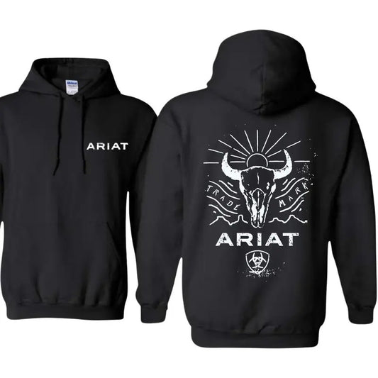 Ariat Hoodie, Wild bull skull design with sun logo, ideal for outdoor activities and Western style, Sweaters Tops...