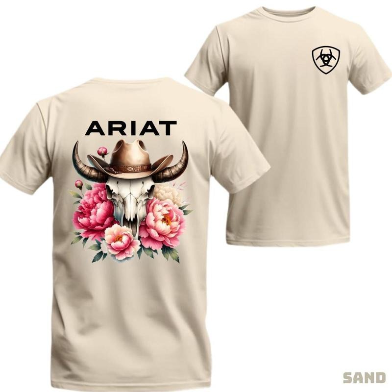 Ariat T-shirt - Unique cowboy-style tee featuring a bull skull and floral design, soft breathable fabric, perfect for...