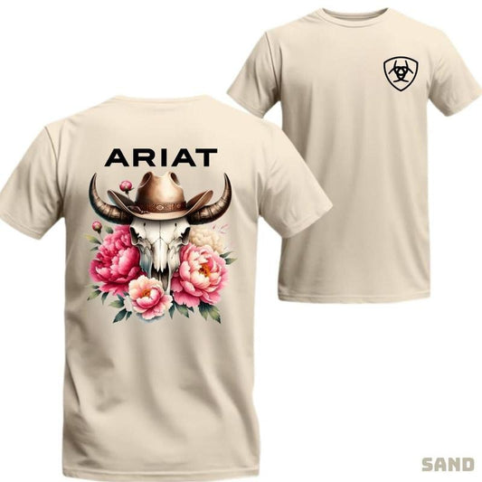 Ariat T-shirt - Unique cowboy-style tee featuring a bull skull and floral design, soft breathable fabric, perfect for...