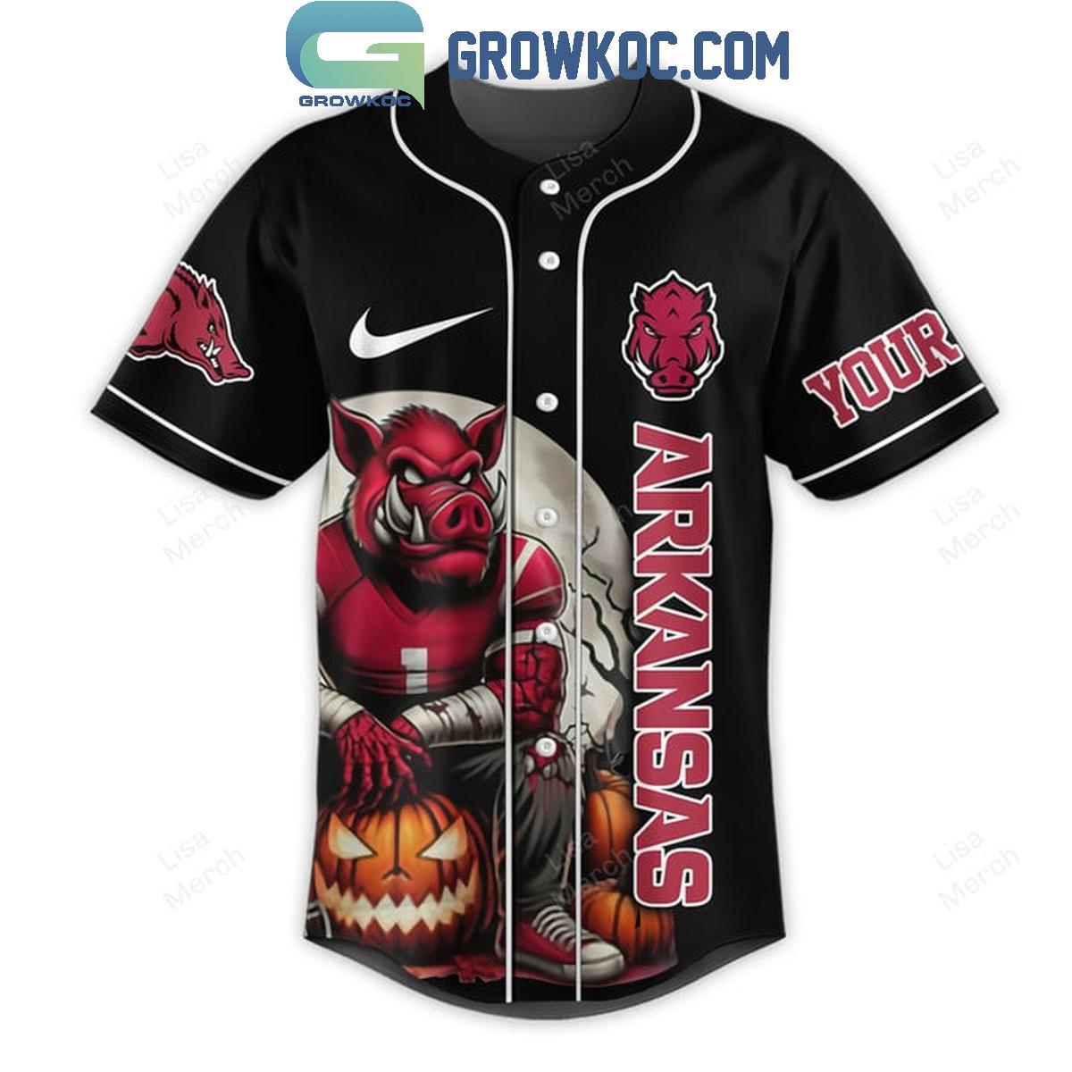Arkansas Razorbacks Fear The Woo Pig Sooie Halloween Personalized Baseball Jersey