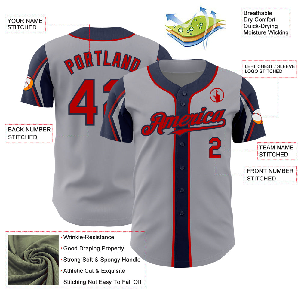 Custom Gray Red-Navy 3 Colors Arm Shapes Authentic Baseball Jersey T-Shirts, Hoodie, Sweatshirt | WearSparks.com (Image 4)
