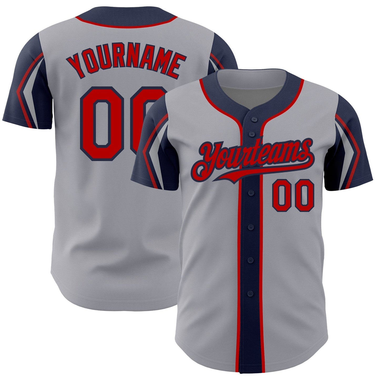 Custom Gray Red-Navy 3 Colors Arm Shapes Authentic Baseball Jersey T-Shirts, Hoodie, Sweatshirt | WearSparks.com (Image 1)