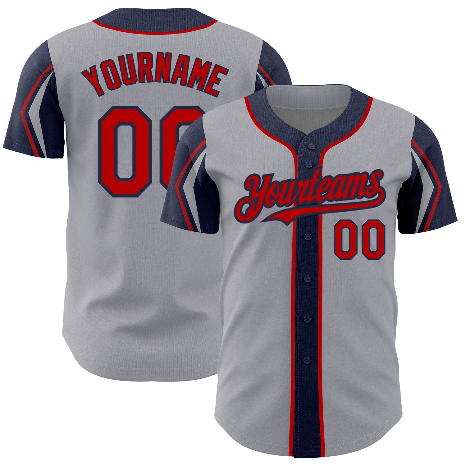 Custom Gray Red-Navy 3 Colors Arm Shapes Authentic Baseball Jersey T-Shirts, Hoodie, Sweatshirt | WearSparks.com (Image 1)