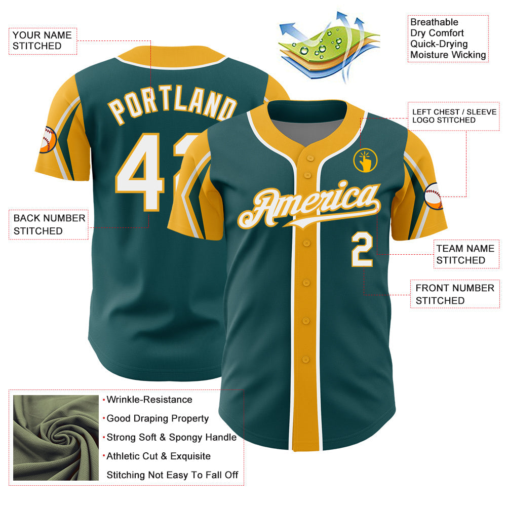 Custom Midnight Green White-Gold 3 Colors Arm Shapes Authentic Baseball Jersey