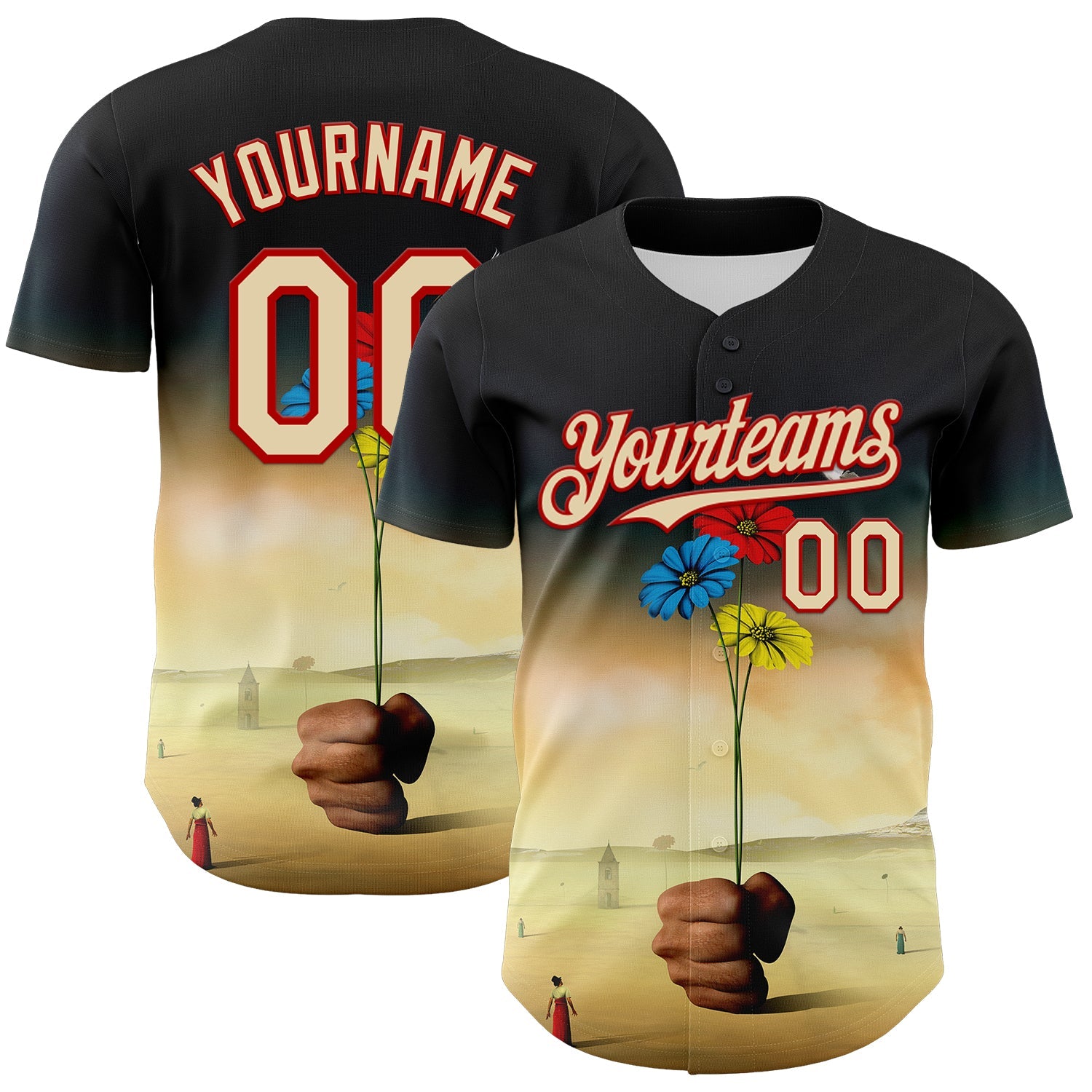 Custom Black Cream-Red 3D Marcel Caram Three Daisies Authentic Baseball Jersey T-Shirts, Hoodie, Sweatshirt (Image 1)