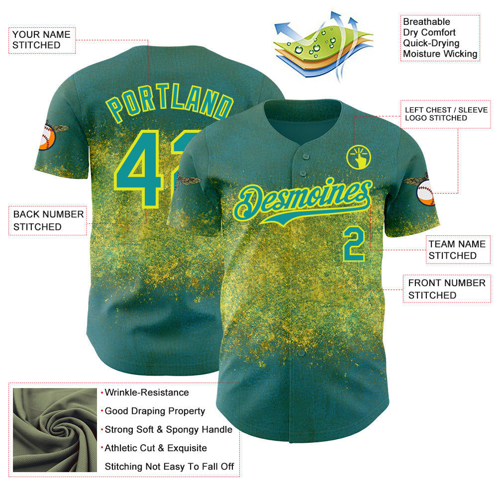 Custom Green Teal-Neon Yellow David Lozeau The Bee Authentic Baseball Jersey