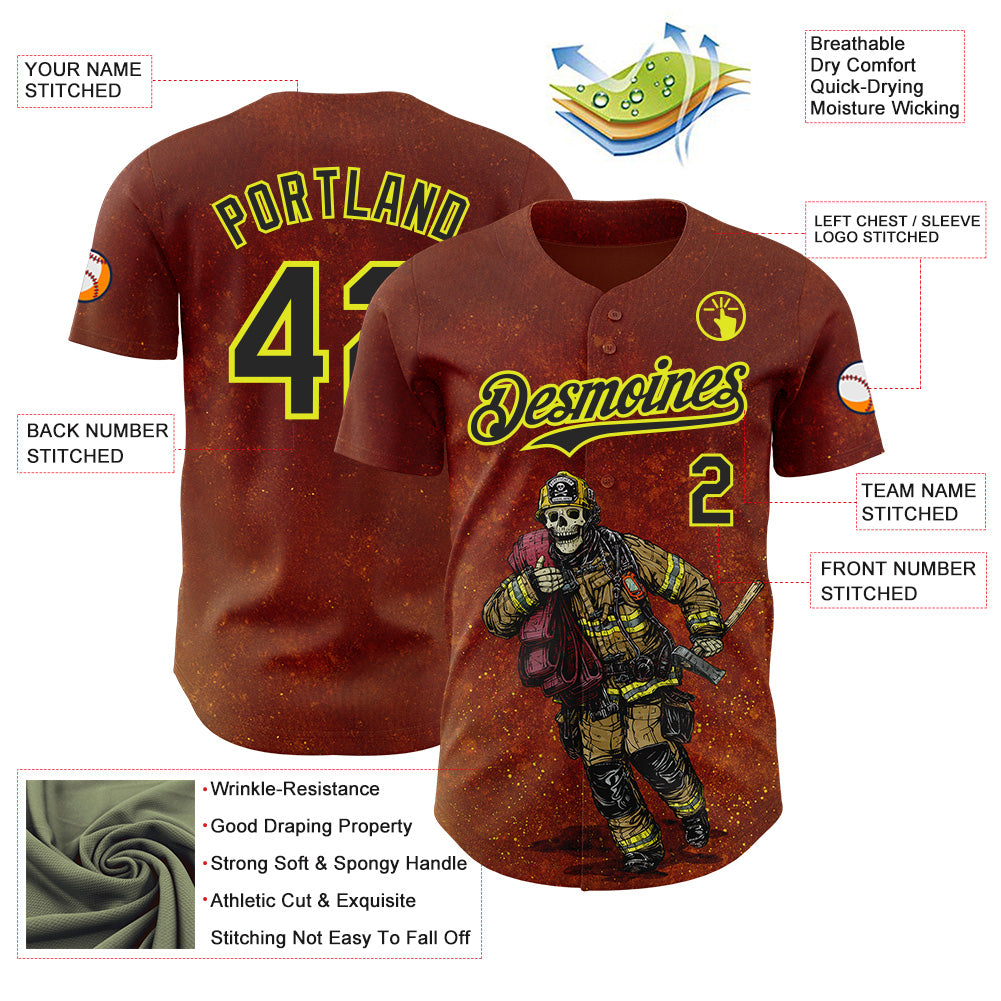 Custom Red Black-Neon Yellow David Lozeau Fighting The Flames Authentic Baseball Jersey