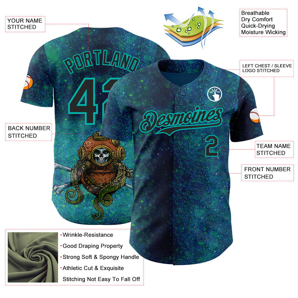 Custom Blue Black-Aqua David Lozeau Diver Down Authentic Baseball Jersey
