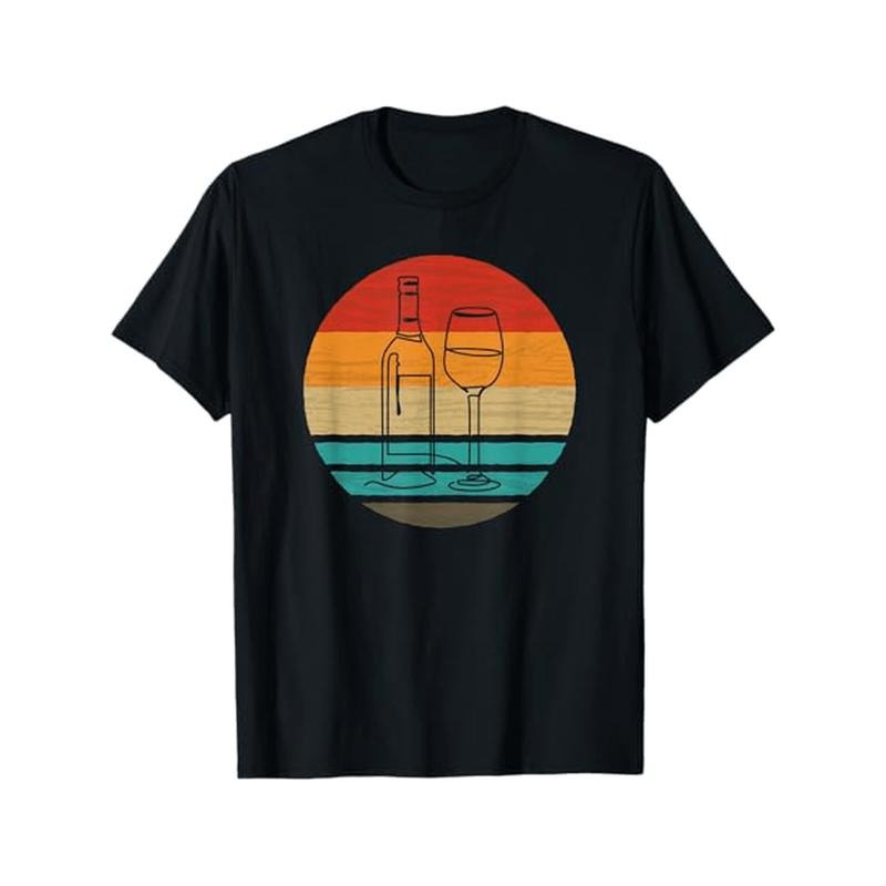 Artistic Bottle & Glass Line Art Vintage Style T-Shirt, 100% Cotton, Unisex Casual Crew Neck Tee, All-Season Slight...