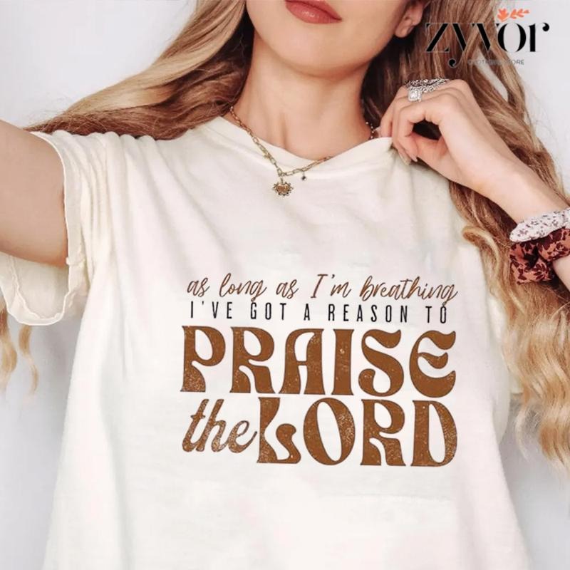 As Long As I'm Breathing I've Got a Reason to Praise the Lord Tee Casual Style Crew Neck Short Sleeve T-Shirt Tops Trendy...