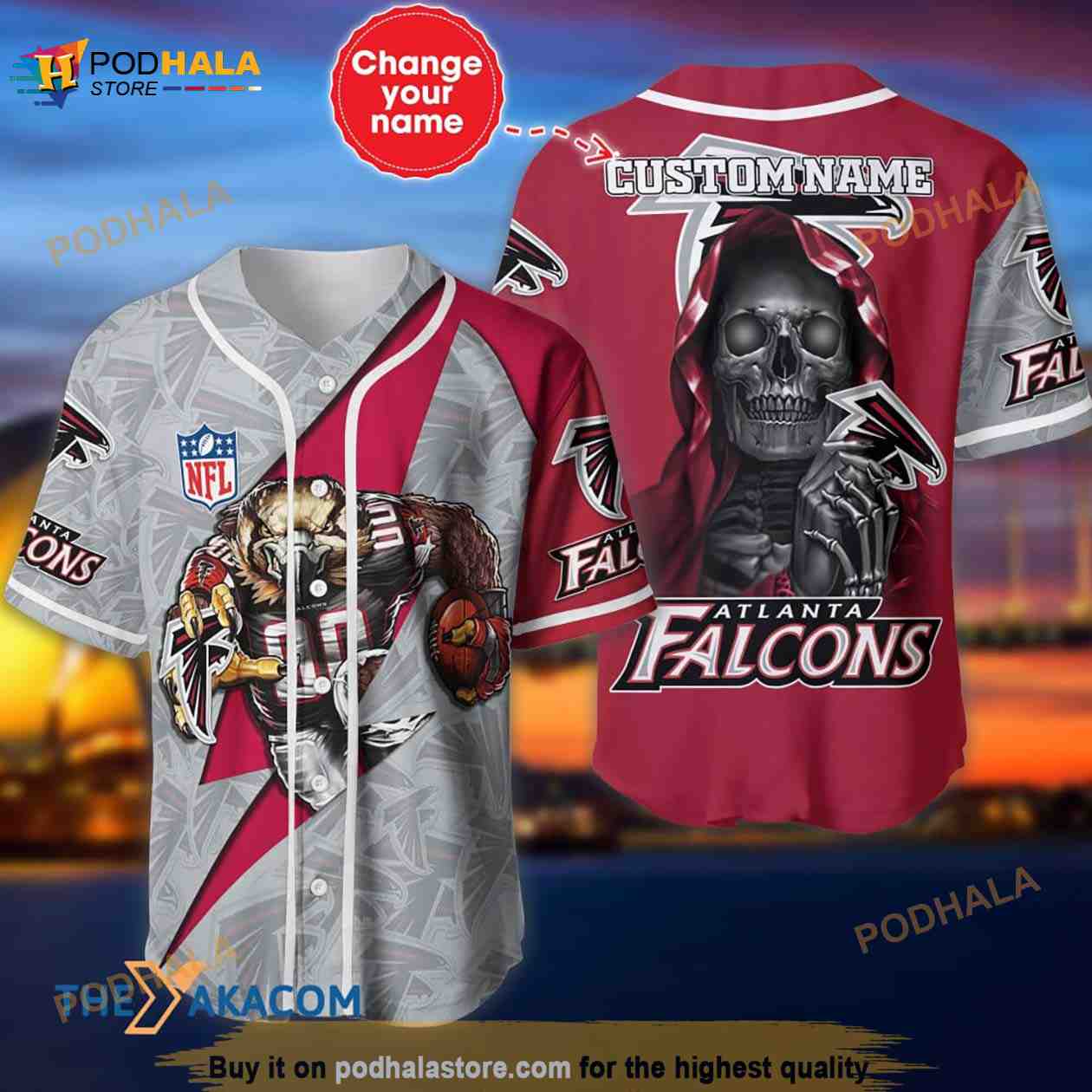 Atlanta Falcons Skull Pattern Custom Name 3D Baseball Jersey Shirt
