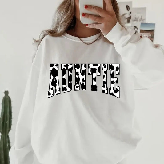 Auntie Cow Print Crewneck, Retro Cotton, Crewneck Fashion Fit Sleeve Comfortable Cute, CASUAL COTTON CREWNECK HOODIE,...