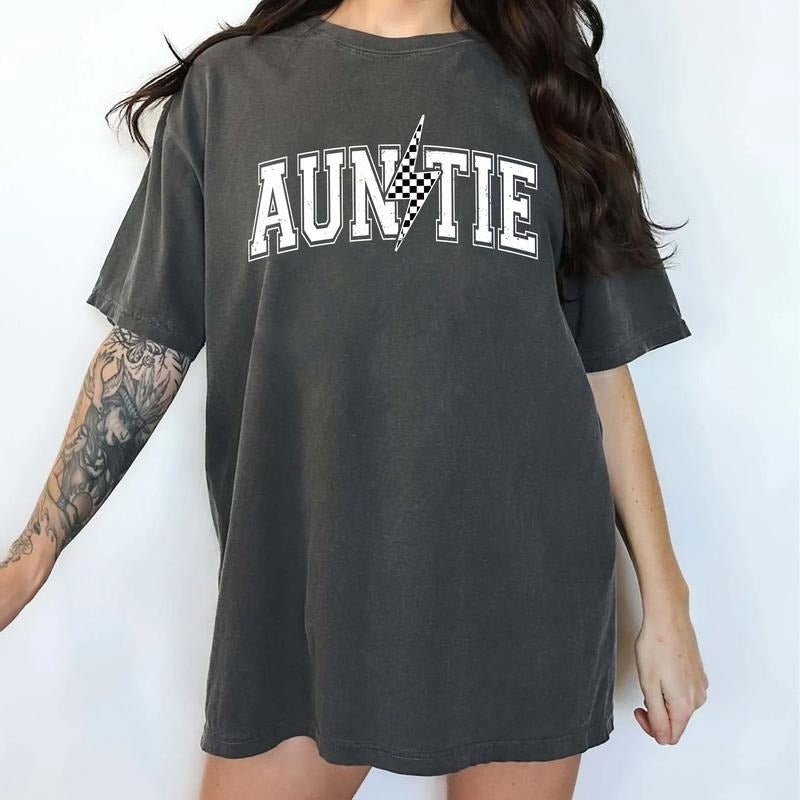 Auntie Retro Checkered Bolt Shirt, Retro Auntie Lightning Shirt, Cool Aunt Graphic Printed T-shirt, Promoted To Aunt...