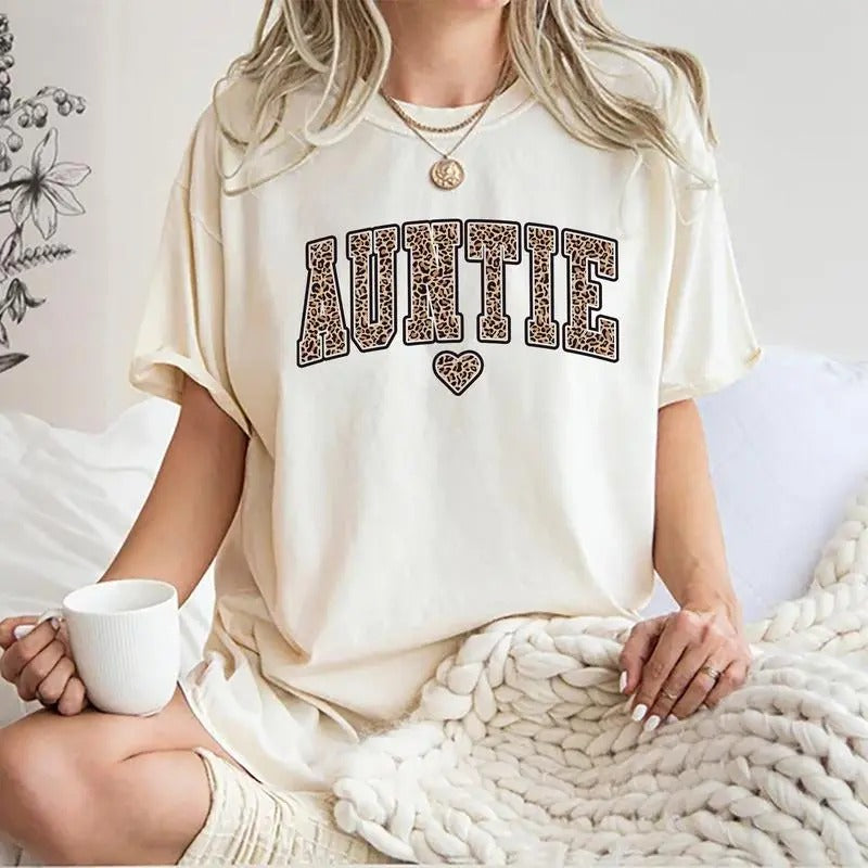 Auntie Shirt, Leopard Auntie T-shirt, Auntie Era Tee, Aunt Graphic Printed Short Sleeve T-shirt, Cotton Fabric Comforts...