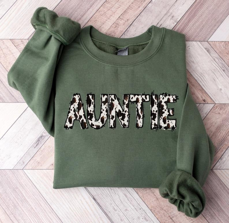 Auntie Sweatshirt, Buffalo Plaid Auntie Sweatshirt, Cow Pattern Auntie Hoodie, Western Aunt  Hoodie and Sweater; T-shirt...
