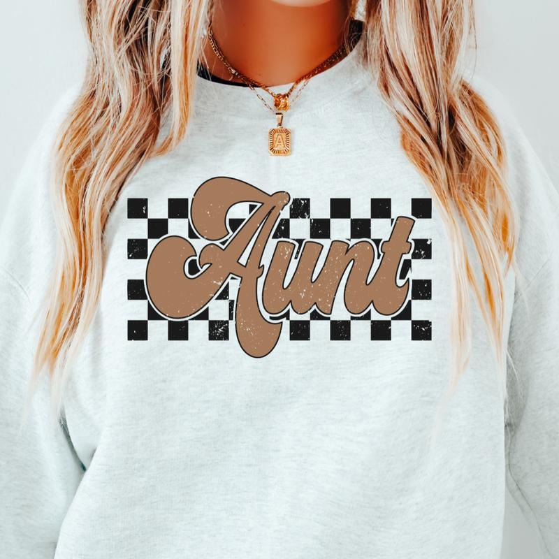 Auntie checkered Crewneck, Retro Cotton, Crewneck Fashion Fit Sleeve Comfortable Cute, CASUAL COTTON CREWNECK HOODIE,...