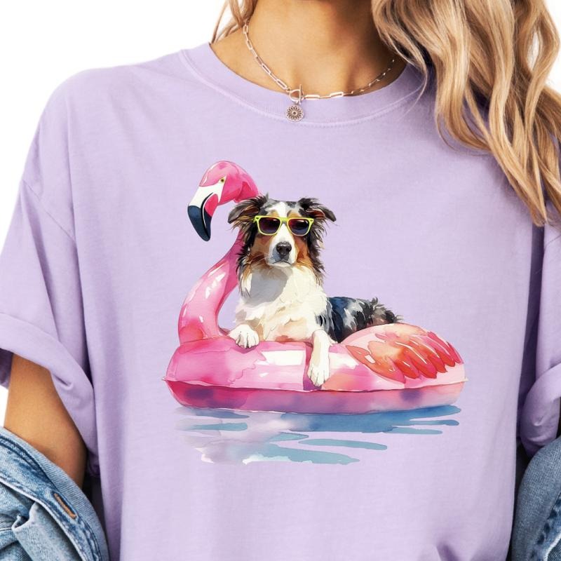 Aussie Flamingo Float Dog Shirt ~ Unisex Apparel Relaxed Fit Printed In The USA Clothing Womenswear Casual Comfort Cotton...