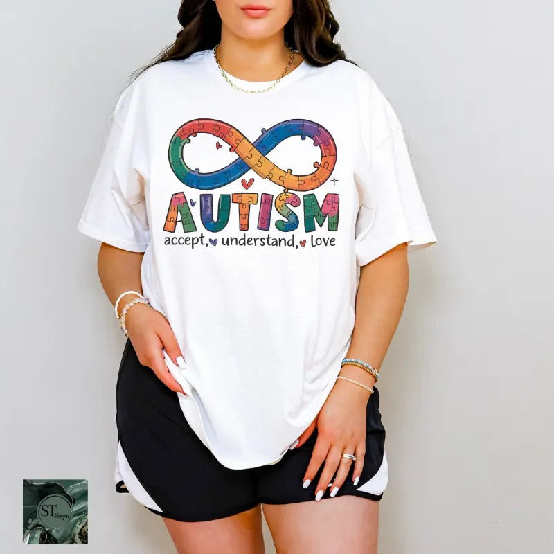 Autism Accept Understand Love Infinity White 100% Ring spun Cotton T-Shirt Unisex Fit Hoodie, Sweatshirt | WearSparks.com