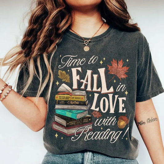 Autumn Books  Shirt, Time To Fall In Love With Reading T-Shirt, Fall Shirts For Book Lover, Halloween Gift T-shirt Cotton...