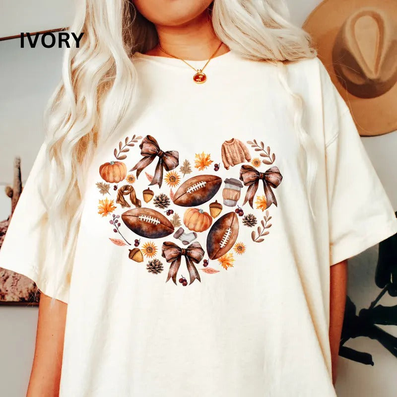 Autumn Fall Doodles Shirt, Football Bow Heart Doodles Shirt,  Fall shirt, Comfort Colors Halloween Shirt, Casual Shirt...