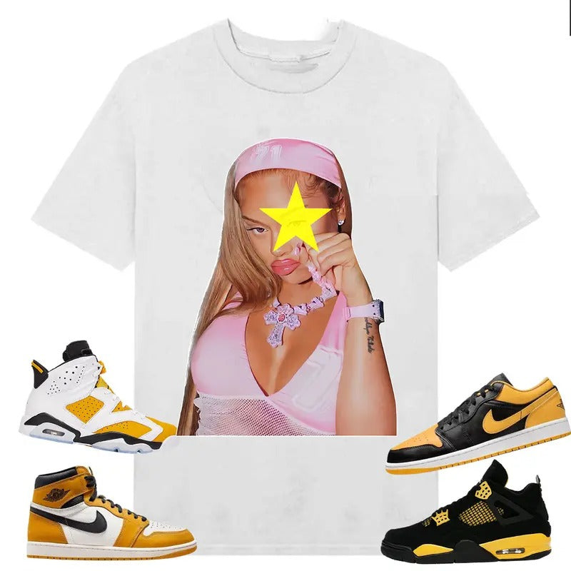 BIG FACE Latto Graphic, Shirt to match A J 6s Yellow Ochre, A J 1 Yellow Ochre, A J 4 Thunder, Shirt to matching Sneaker...