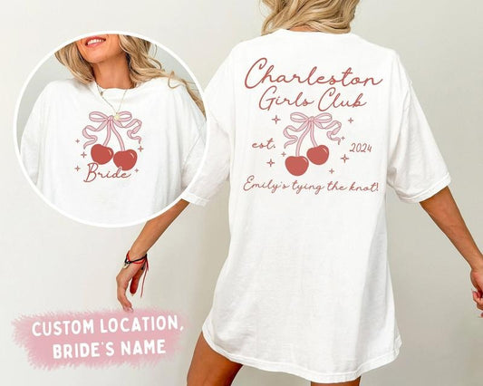 Bachelorette Party Shirts Custom Location Girl Club Shirt Charleston Bachelorette Coquette Bow Custom Bride Shirt Bridal...
