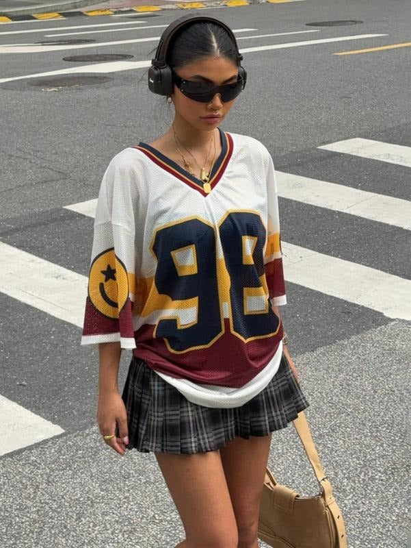 Back to School Number Print Y2K Jersey Shirts V Neck Half Sleeve Colorblock Tees Casual Drop Shoulder Tops Hoodie, Sweatshirt
