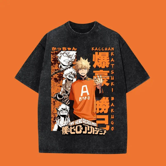 Bakugo Katsuki Washed Oversized T-Shirt, My Hero Academia Anime Washed Heavy Cotton Special Graphic Tee Hoodie, Sweatshirt