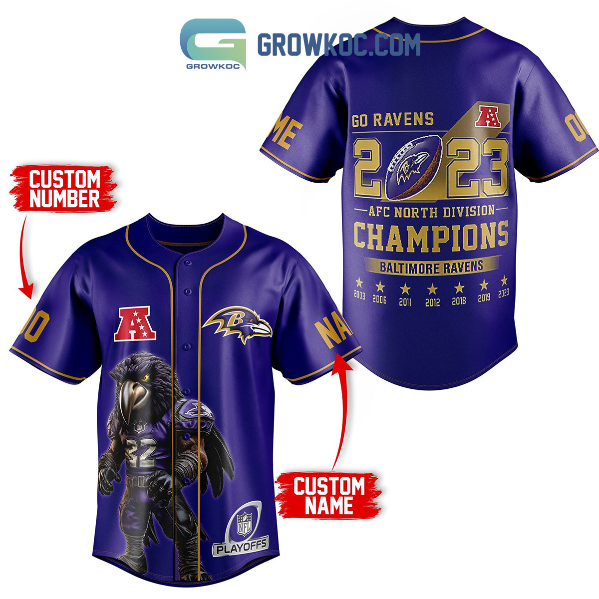 Baltimore Ravens AFC North Champions Personalized Baseball Jersey