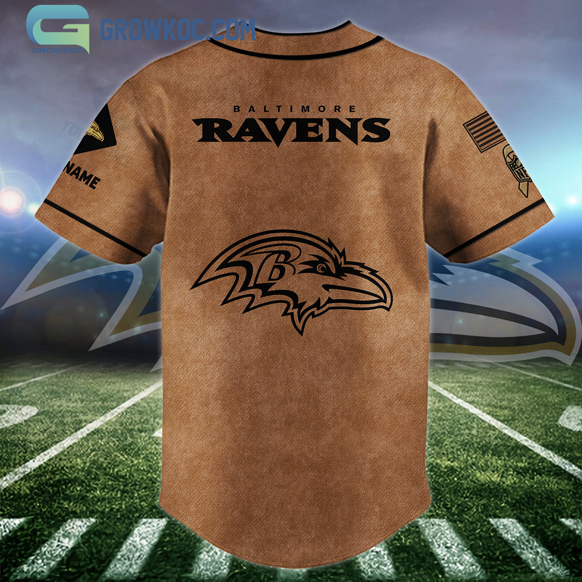 Baltimore Ravens Brown American Flag Personalized Baseball Jersey