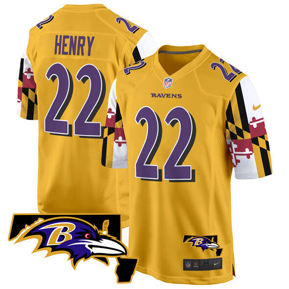Baltimore Ravens #22 Derrick Henry Gold 2025 Maryland Flag Vapor Limited