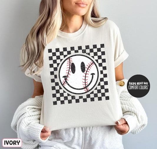 Baseball  Shirt Happy Face Checkered Shirt Retro Baseball Game Day Shirt Baseball Mom;shirt Baseball Fan Shirt Baseball...