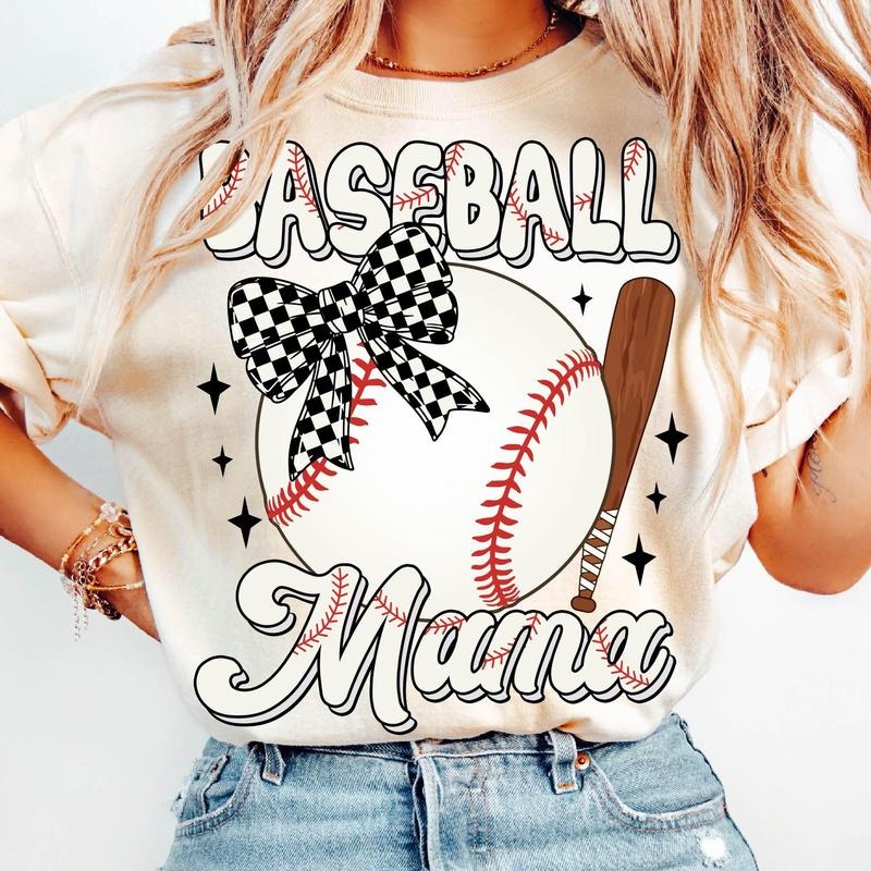 Baseball Mama T-Shirt, Baseball Coquette Bow T-Shirt, Retro Baseball T-Shirt, Game Day, Coquette Bow Sports T-Shirt,...